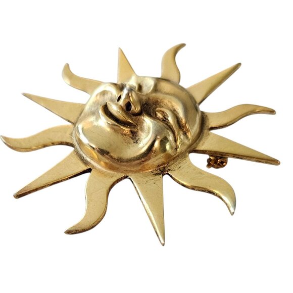 Alva Museum Gold Tone Sun Face Brooch Repousse, Domed Smile Face Pin, Signed - Picture 3 of 7